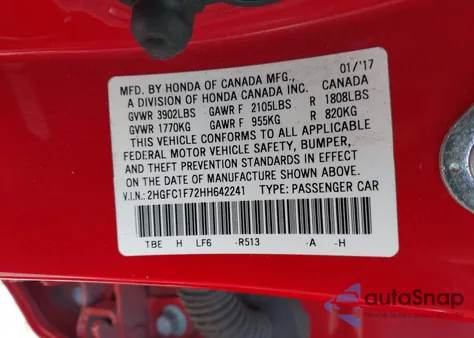 2017 Honda Civic Ex-L from USA, damaged, VIN 2HGFC1F72HH642241